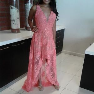 Sherri Hill 50985 Coral/Nude Hi-Lo Lace Gown